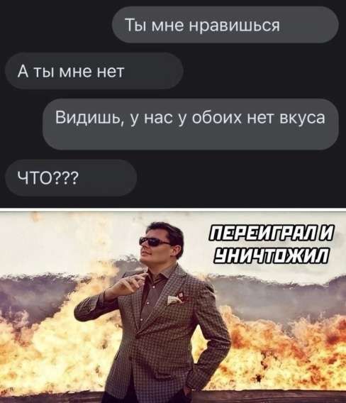 Ты мне нравишься
А ты мне нет
Видишь, у нас у обоих нет вкуса
ЧТО???
ПЕРЕЙГРАЛ И НИЧТОЖИЛ