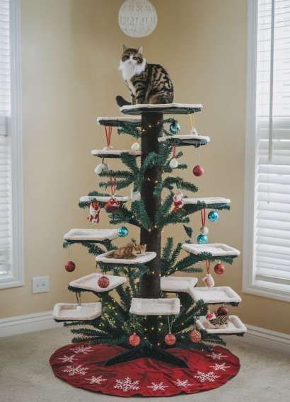 Кот сидит на вершине многоярусной ёлки, украшенной шарами и гирляндами.