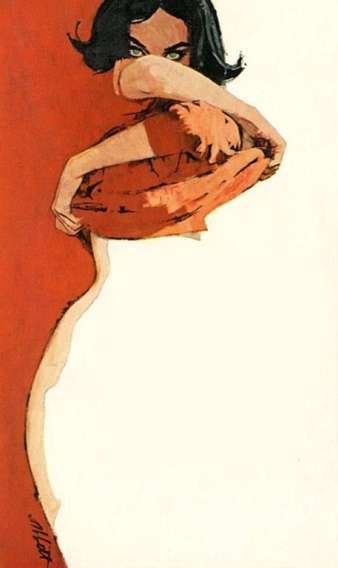 Иллюстрация женщины, позирующей с частично обнажённым торсом за приподнятым одеялом.