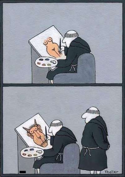 Смешной черный юмор: монах рисует обнаженную фигуру на холсте.