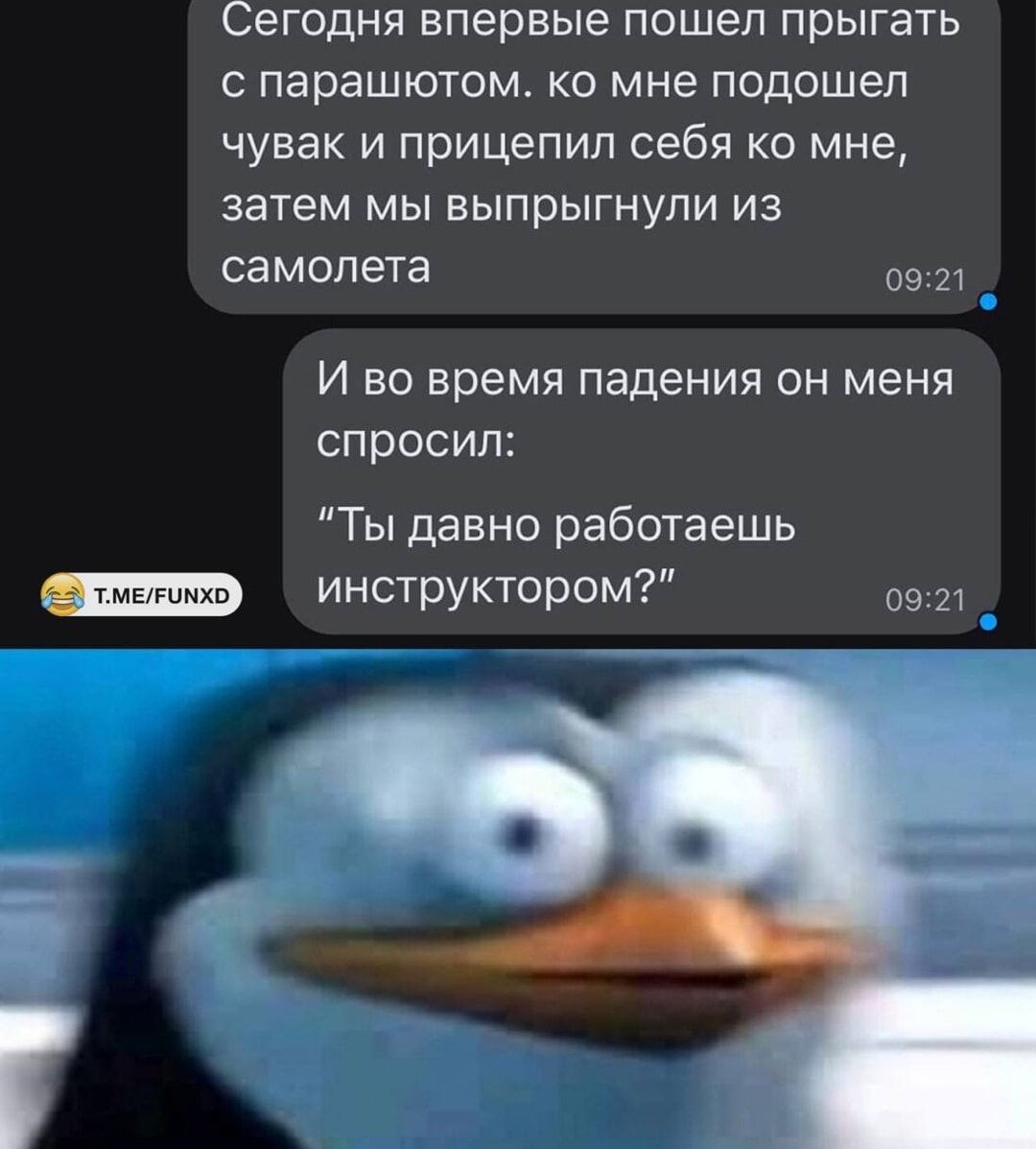 Сегодня впервые пошёл прыгать с парашютом: ко мне подошёл чувак и прицепил себя ко мне, затем мы выпрыгнули из самолета. И во время падения он меня спросил: «Ты давно работаешь инструктором?»