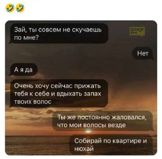 Зай, ты совсем не скучаешь по мне? Нет А я да Очень хочу сейчас прижать тебя к себе и вдxхать запах твоих волос Ты же постоянно жаловал, что мои волосы везде Собирай по квартире и ничхаи