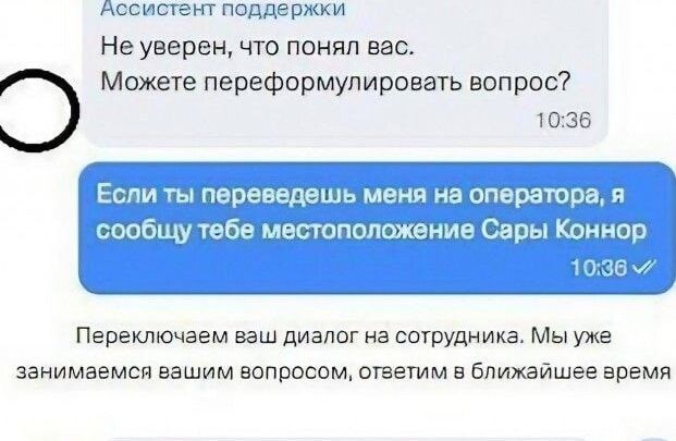 Ассистент поддержки: Не уверен, что понял вас. Можете переформулировать вопрос? 

Если ты переведешь меня на оператора, я сообщу тебе местоположение Сары Коннор

Переключаем ваш диалог на сотрудника. Мы уже занимаемся вашим вопросом, ответим в ближайшее время