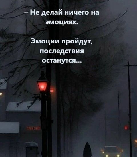 - Не делай ничего на эмоциях.
- Эмоции пройдут, последствия останутся...