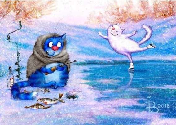 Кот в шарфе рыбачит на льду, рядом танцующий снеговик.