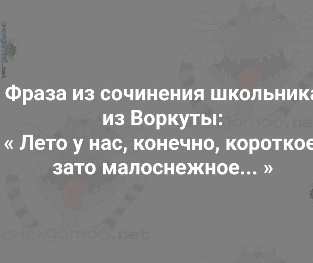 Фраза из сочинения школьников из Воркуты: « Лето у нас, конечно, короткое, зато малоснежное... »