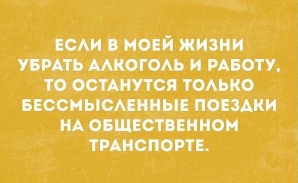 ЕСЛИ В МОЕЙ ЖИЗНИ УБРАТЬ АЛКОГОЛЬ И РАБОТУ, ТО ОСТАНУТСЯ ТОЛЬКО БЕССМЫСЛЕННЫЕ ПОЕЗДКИ НА ОБЩЕСТВЕННОМ ТРАНСПОРТЕ.