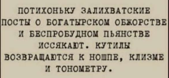 ПОТИХОНЬКУ ЗАЛИХВАТСКИЕ ПОСТЫ О БОГАТЫРСКОМ ОБЖОСТВЕ И БЕСПРОБУДОМ ПЬЯНСТВЕ ИССЯКАЮТ. КУЩЕЫ ВОЗВРАЩАЮТСЯ К НОШПЕ, КЛИЗМЕ И ТОНОМЕТРУ.