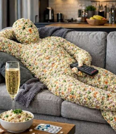 Человекообразная фигура из попкорна лежит на диване с пультом и бокалом шампанского