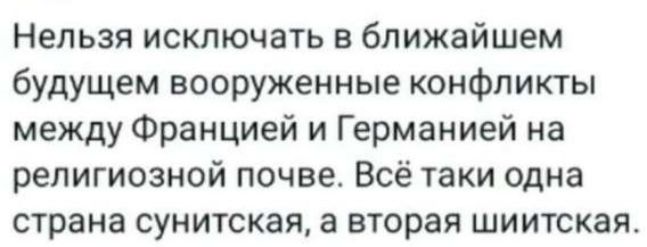 Нельзя исключать в ближайшем будущем вооруженные конфликты между Францией и Германией на религиозной почве. Всё таки одна страна суннитская, а вторая шиитская.
