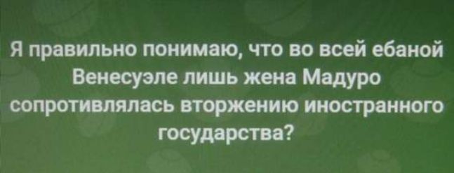 Я правильно понимаю, что во всей ёбаной Венесуэле лишь жена Мадуро сопротивлялась вторжению иностранного государства?