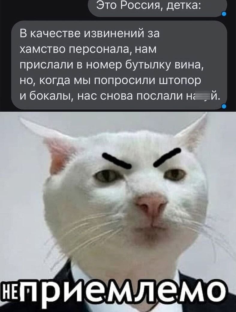 Это Россия, детка:
В качестве извинений за хамство персонала, нам прислали в номер бутылку вина, но, когда мы попросили штопор и бокалы, нас снова послали на...