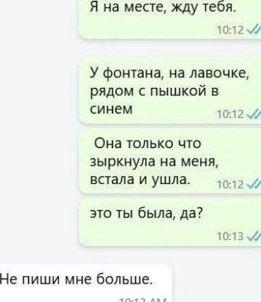 Я на месте, жду тебя.
У фонтана, на лавочке, рядом с пышкой в синем
Она только что зыркнула на меня, встала и ушла.
это ты была, да?
Не пиши мне больше.