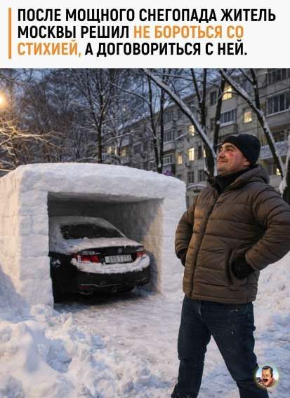 ПОСЛЕ МОЩНОГО СНЕГОПОАДА ЖИТЕЛЬ МОСКВЫ РЕШИЛ НЕ БОРОТЬСЯ СО СТИХИЕЙ, А ДОГОВОРИТЬСЯ С НЕЙ.