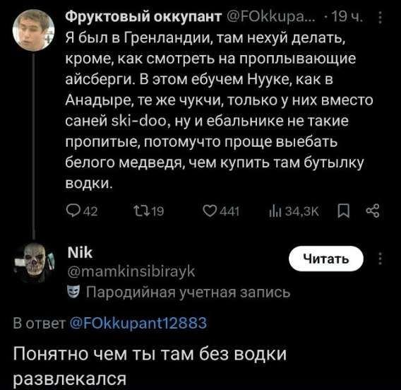 Я был в Гренландии, там нехуй делать, кроме как смотреть на проплывающие айсберги. В этом учебем Нууке, как Анадырe, те же чучки, только у них вместо саней ski-doo, ну и ебалники не такие пропитые, потому что проще выпить белого медведя, чем купить там бутылку водки.