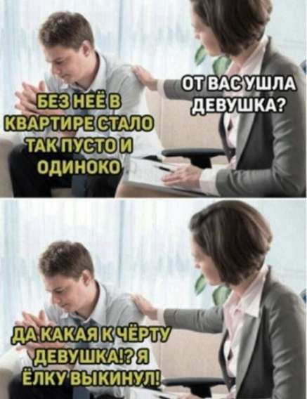 Без неё в квартире стало так пусто и одиноко\nОт вас ушла девушка?\nДа какая к чёрту девушка?! Я ёлку выкинул!