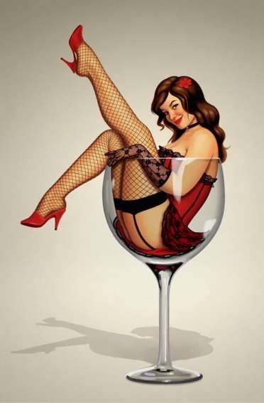 Женщина в белье сидит в бокале вина, эротично приподнимая ноги в чулках и красных туфлях.