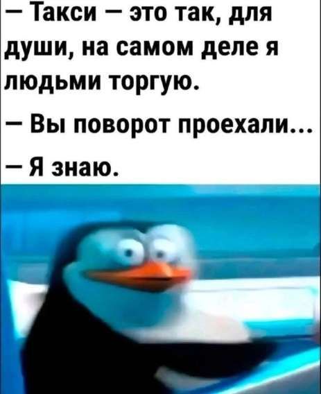 - Такси — это так, для души, на самом деле я людьми торгую. - Вы поворот проехали... - Я знаю.