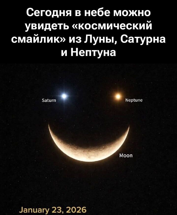 Сегодня в небе можно увидеть «космический смайлик» из Луны, Сатурна и Нептуна

January 23, 2026
