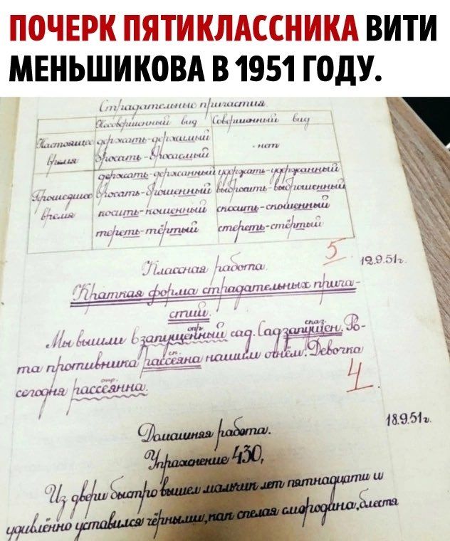 ПОЧЕРК ПЯТИКЛАССНИКА ВИТИ МЕНЬШИКОВА В 1951 ГОДУ.