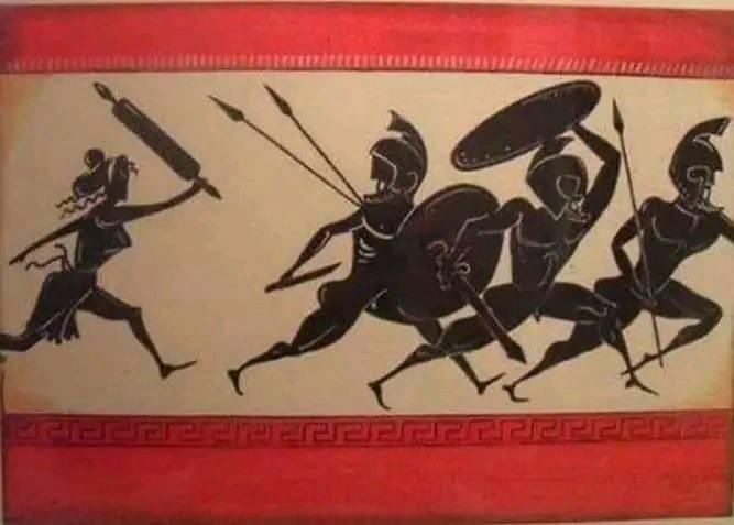 Силуэты воинов в доспехах гонятся за бегущим человеком на фоне красной рамки.