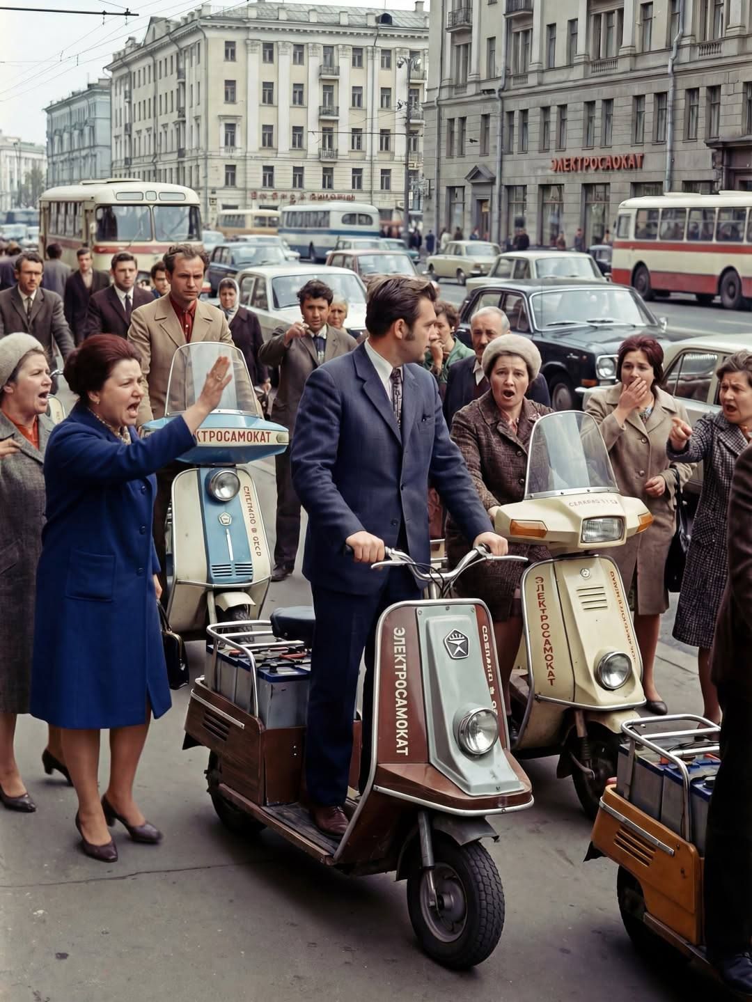 Группа людей вокруг старых советских скутеров на городском перекрестке.