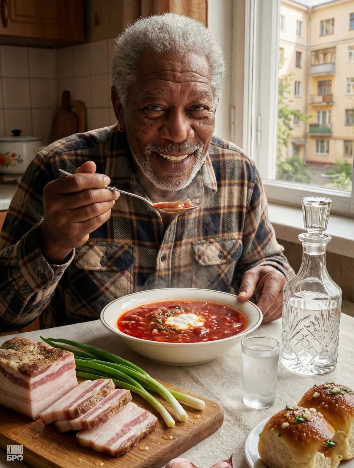 Пожилой мужчина сидит за столом с тарелкой борща, рядом хлеб, бекон и зелень.