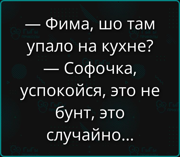 — Фима, шо там упало на кухне? — Софочка, успокойся, это не бунт, это случайно...