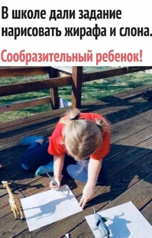 В школе дали задание нарисовать жирафа и слона. Сообразительный ребенок!