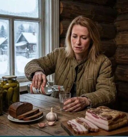 Женщина наливает напиток за столом с хлебом и мясом в деревянной кухне.