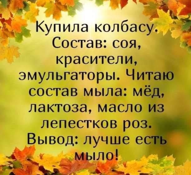 Купила колбасу. Состав: соя, красители, эмульгаторы. Читаю состав мыла: мёд, лактоза, масло из лепестков роз. Вывод: лучше есть мыло!