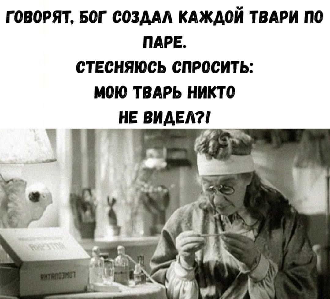 ГОВОРЯТ, БОГ СОЗДАЛ КАЖДОЙ ТВАРИ ПО ПАРЕ. СТЕСНЯЮСЬ СПРОСИТЬ: МОЮ ТВАРЬ НИКТО НЕ ВИДЕЛ?