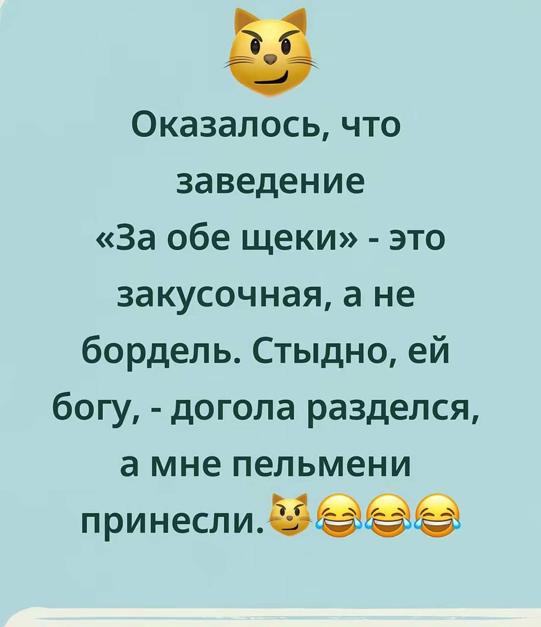 Оказалось, что заведение «За обе щеки» - это закусочная, а не бордель. Стыдно, ей богу, - догола разделся, а мне пельмени принесли.