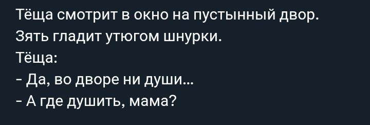 Тёща смотрит в окно на пустынный двор.
Зять гладит утюгом шнурки.
Тёща:
- Да, во дворе ни души...
- А где душить, мама?