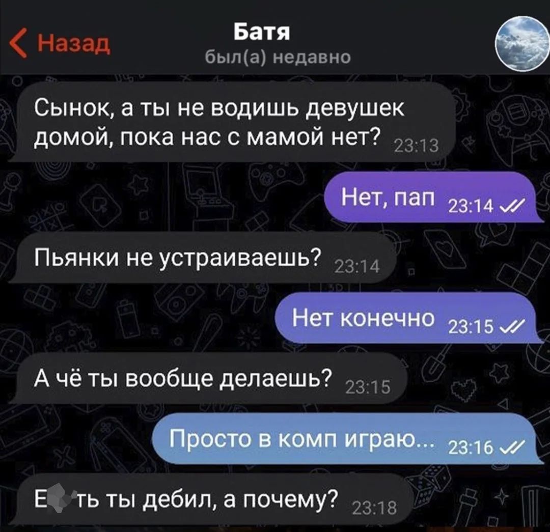 Сынок, а ты не водишь девушек домой, пока нас с мамой нет? Нет, пап. Пьянки не устраиваешь? Нет конечно. А чё ты вообще делаешь? Просто в комп играю... Е**ть ты дебил, а почему?