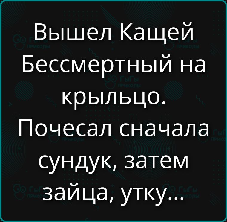 Вышел Кащей Бессмертный на крыльцо. Почесал сначала сундук, затем зайца, утку...
