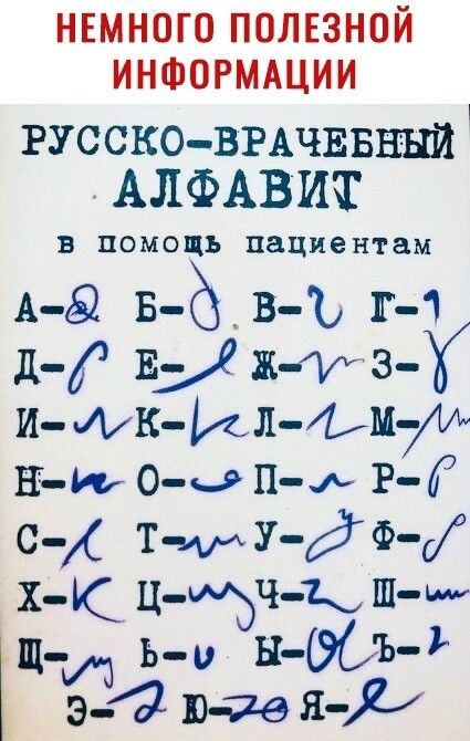 немного полезной ИНФОРМАЦИИ РУССКОВРАЧЕБННЙ АЛФАВИТ в ПОМОЩЬ пациентам А вё _ в ъ гч д ЕУ 354 3 И щк ИИ Ьмуи Е ю 0 е п ь Р Г е_с тъдф и х к ц шдч к шщ щт Ь и 34905 э 4 я Х