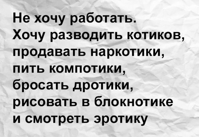 Не хочу работать Хочу разводить котиков продавать наркотики пить компотики бросать дротики рисовать в блокнотике и смотреть эротику