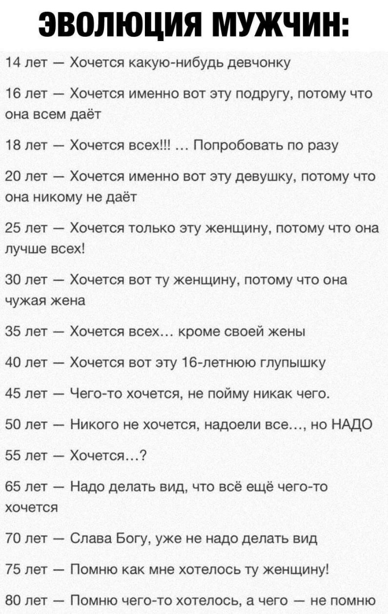 ЭВПЛЮЦИЯ МУЖЧИН 14 лет Хочется какуюнибудь девчонку 16 лет Хочется именно вот эту подругу потому что она всем даёт 18 лет Хочется всех Попробовать по разу 20 лет Хочется именно вот эту девушку потому что она никому не даёт 25 лет Хочется только эту женщину потому что она лучше всех 30 лет Хочется вот ту женщину потому что она чужая жена 35 лет Хочется всех кроме своей жены 40 лет Хочется вот эту 1