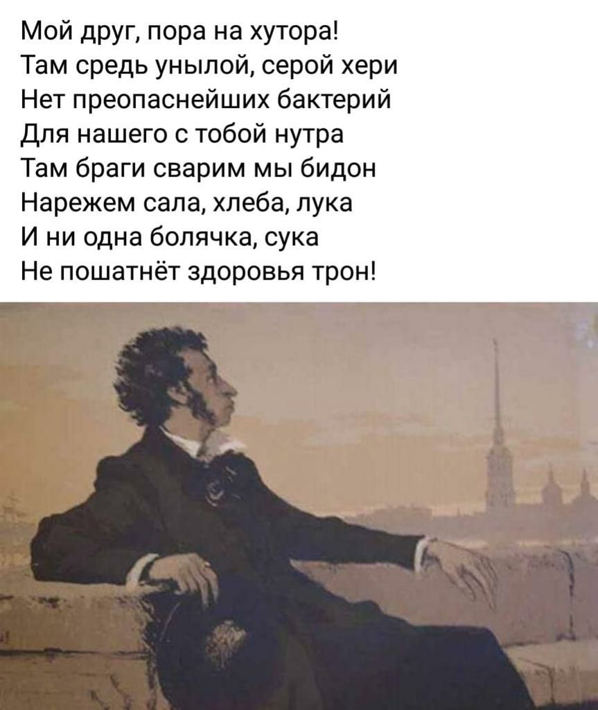 Мой друг пора на хутора Там средь унылой серой хери Нет преопаснейших бактерий Для нашего с тобой нутра Там браги сварим мы бидон Нарежем сала хлеба лука И ни одна болячка сука Не пошатнёт здоровья трон
