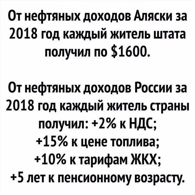 От нефтяных доходов Аляски за 2018 год каждый житель штата получил по 1600 От нефтяных доходов России за 2018 год каждый житель страны получил 2 к НДС 15 к цене топлива 10 к тарифам ЖКХ 5 лет к пенсионному возрасту
