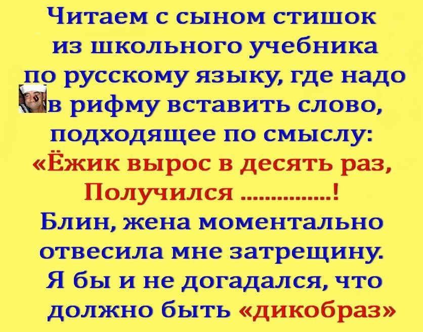 Читаем с сыном стишок из школьного учебника русскому яз ыщ где надо рифму вставить слово подходящее по смыслу Ёжик ВЬ1р0С В Десять раз Получился Блин жена моментально отвесила мне затрещину Я бы и не догадался что должно быть дикобраз