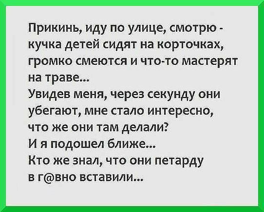 Прикинь иду по улице смотрю кучка детей сидят на корточках громко смеются и что то мастерят на траве Увидев меня через секунду они убегают мне стало интересно что же они там делали И я подошел ближе Кто же знал что они петарду в гвно вставили