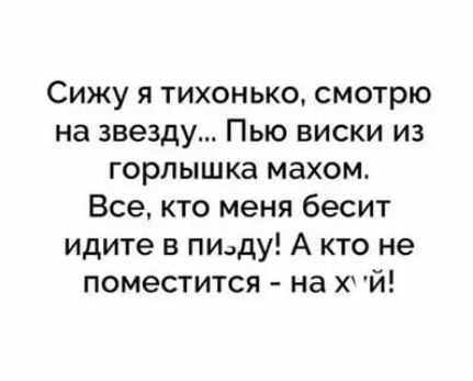 Сижу я тихонько смотрю на звезду Пью виски из горлышка махом Все кто меня бесит идите в пидду А кто не поместится на Х