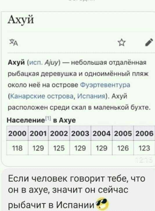 Ахуй А 31 Ахуй исп Аіиу небольшая отделённая рыбацкая деревушка и одноимённый пляж около неё на острове Фуэртевентура Канарские острова Испания Ахуй расположен среди скал в маленькой бухте Население в Ахуе 2000 2001 2002 2003 2004 2005 2006 118 129 125 129 129 126 123 ЕСЛИ ЧЕЛОВЭК ГОВОРИТ Тебе ЧТО ОН В ахуе ЗНЭЧИТ он сейчас рыбачит в Испаниио