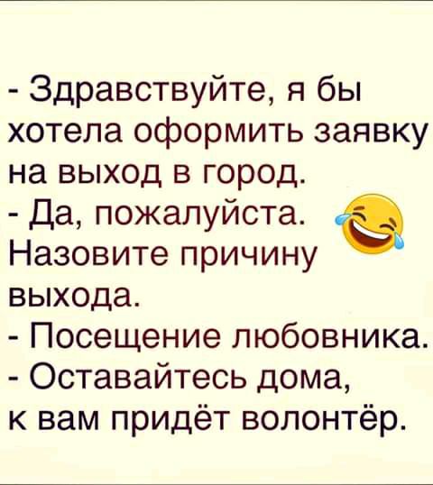 Здравствуйте я бы хотела оформить заявку на выход в город Да пожалуйста Назовите причину выхода Посещение любовника Оставайтесь дома к вам придёт волонтёр