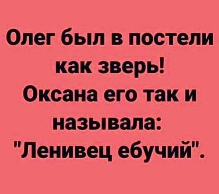 Олег был в постели как зверь Оксана его так и называла Ленивец ебучий
