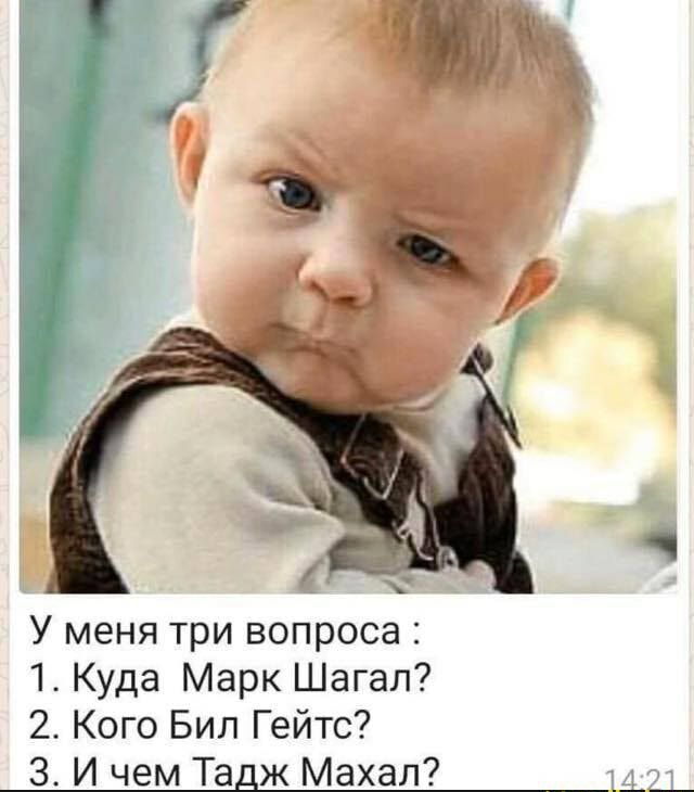 У меня три вопроса 1 Куда Марк Шагал 2 Кого Бил Гейтс З И чем Тадж Махал 14 21