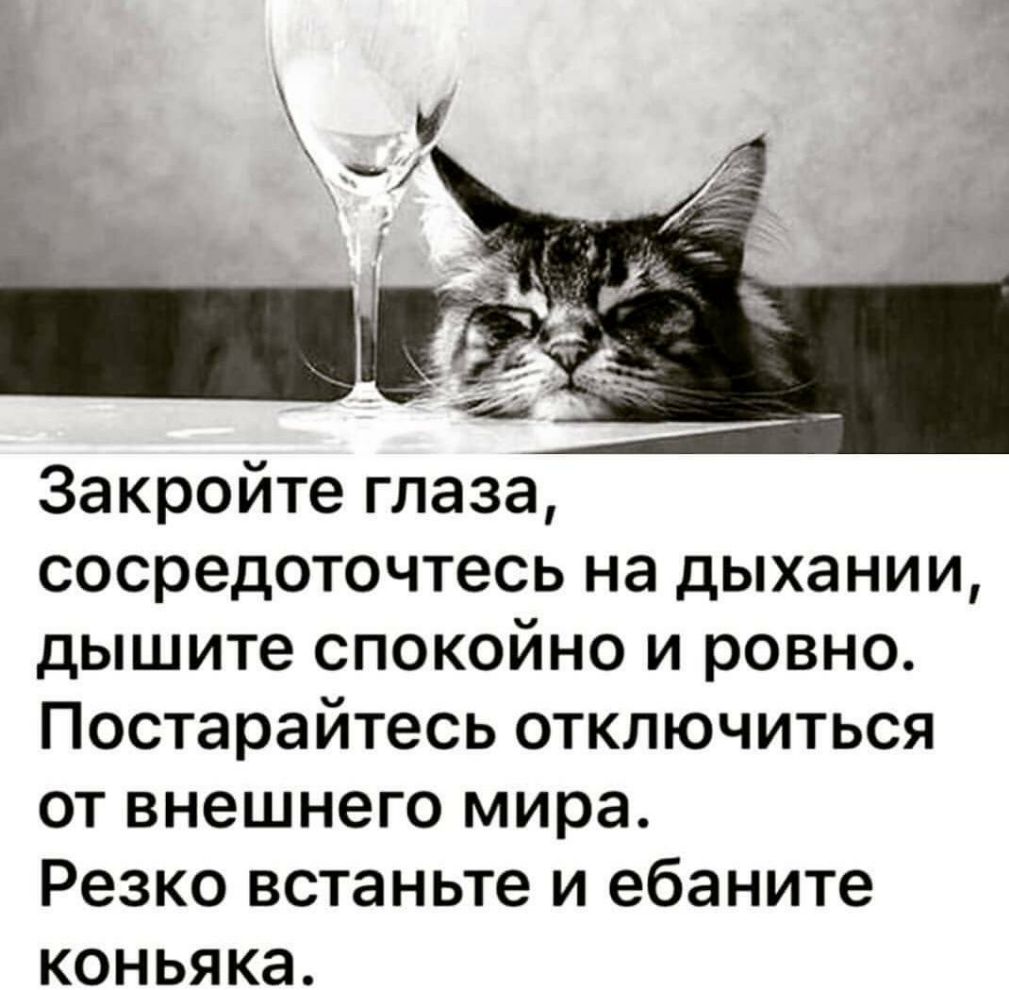 Закройте глаза сосредоточтесь на дыхании дышите спокойно и ровно Постарайтесь отключиться от внешнего мира Резко встаньте и ебаните КОНЬЯКЭ