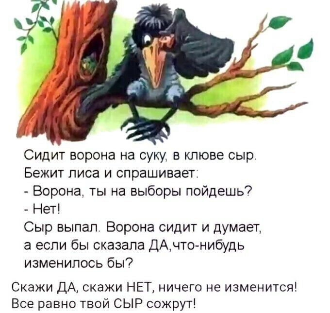 Сидит ворона на суку в клюве сыр Бежит лиса и спрашивает Ворона ты на выборы пойдешь Нет Сыр выпал Ворона сидит и думает а если бы сказала ДАчто нибудь изменилось бы Скажи ДА скажи НЕТ ничего не изменится Все равно твой СЫР сожрут